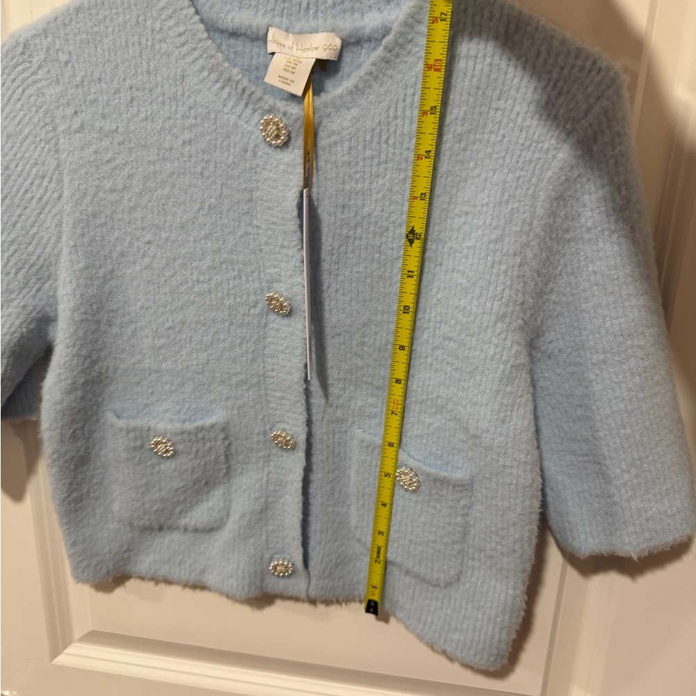 House of Harlow 1960 Blue Cropped Cardigan Short Sleeve Pearl Rhinestone Button - Picture 10 of 13